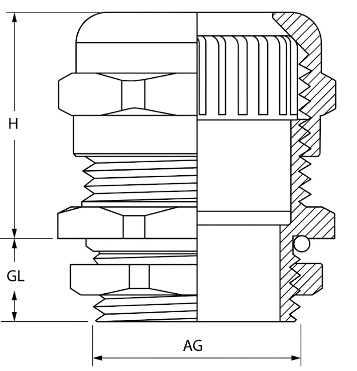 Nickel-plated brass cable gland dimensional drawing showing H, GL and AG