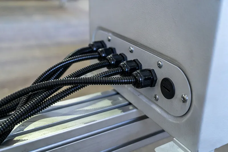 Nylon cable glands installed in electrical control panel switchgear
