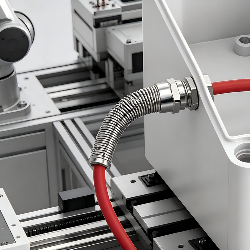 Spiral strain relief cable glands installed on an industrial equipment