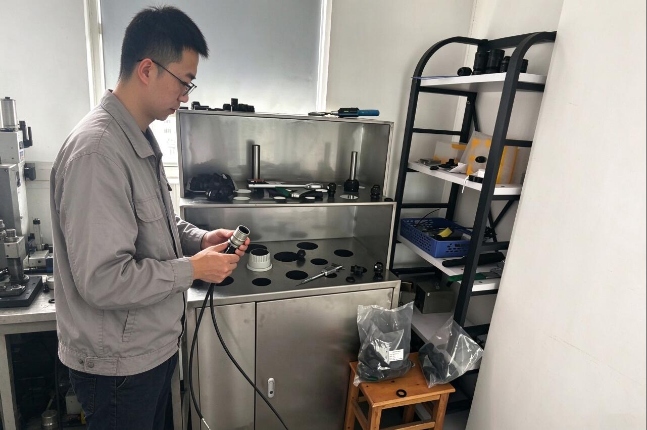 Technician examining a metal cable gland at a workbench with cable gland samples and measuring tools